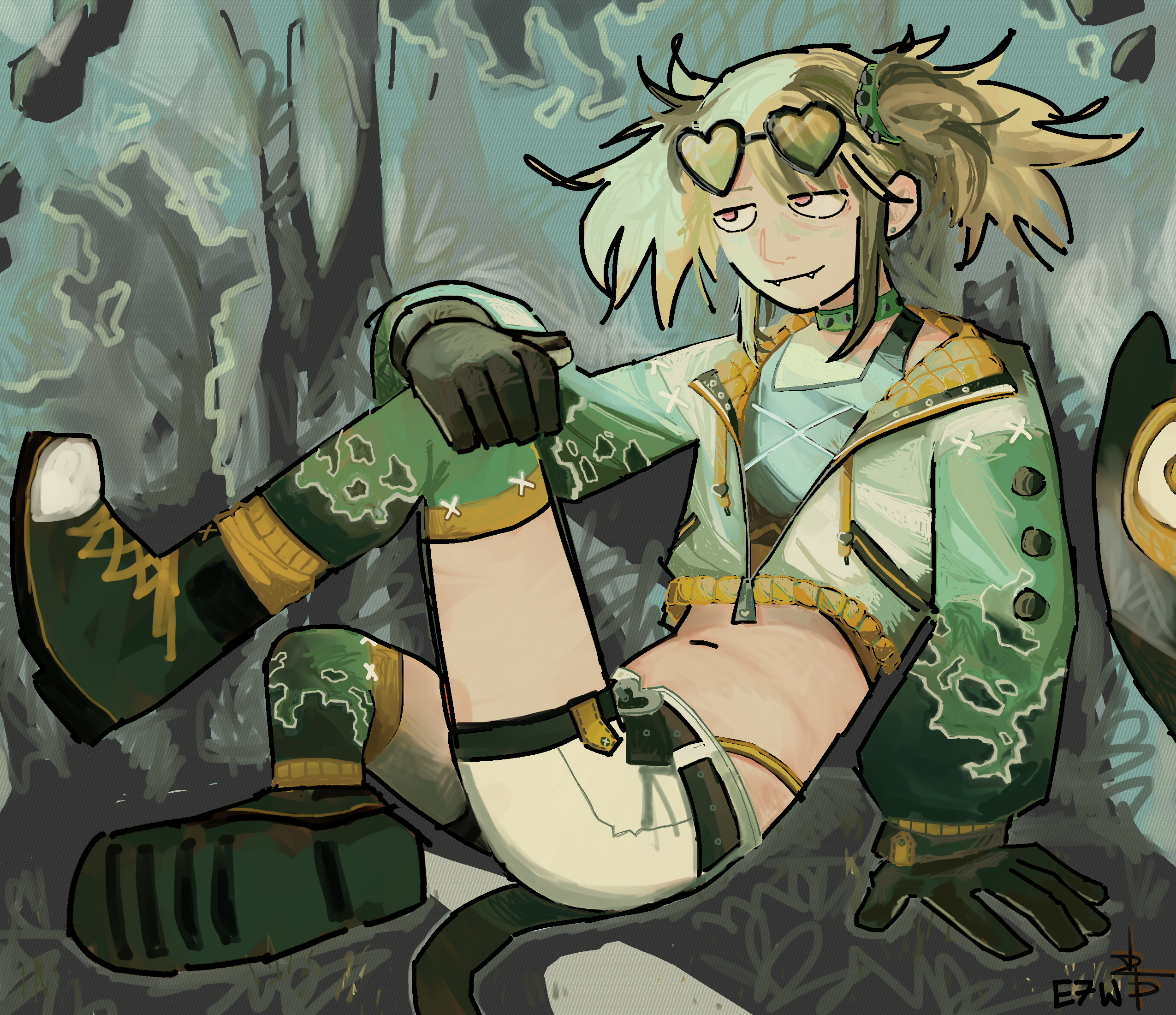 fanart of vtuber gigi murin in her monster hunter collab outfit. she's sitting on the ground leaning 
	  back against a chutacabra from the game.